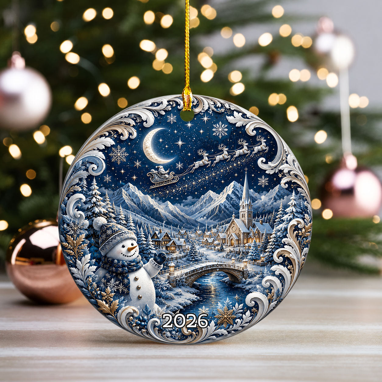 Christmas Tree Ornament 2026 with Snowman and Winter Village, Blue Ceramic Ornament, Holiday Decoration