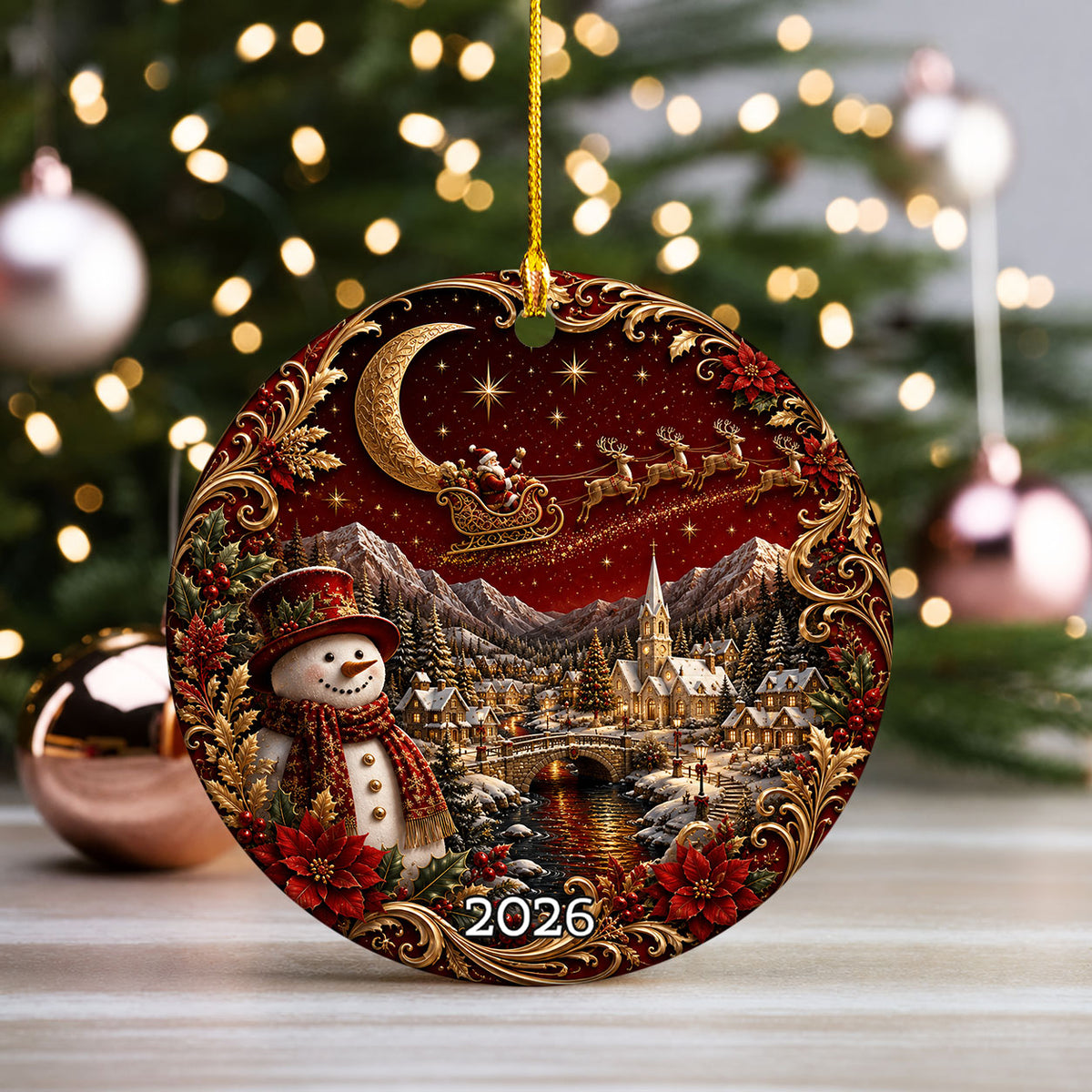 Red Christmas Ornament 2026, Snowman Christmas Tree Ornament, Winter Village Ceramic Ornament