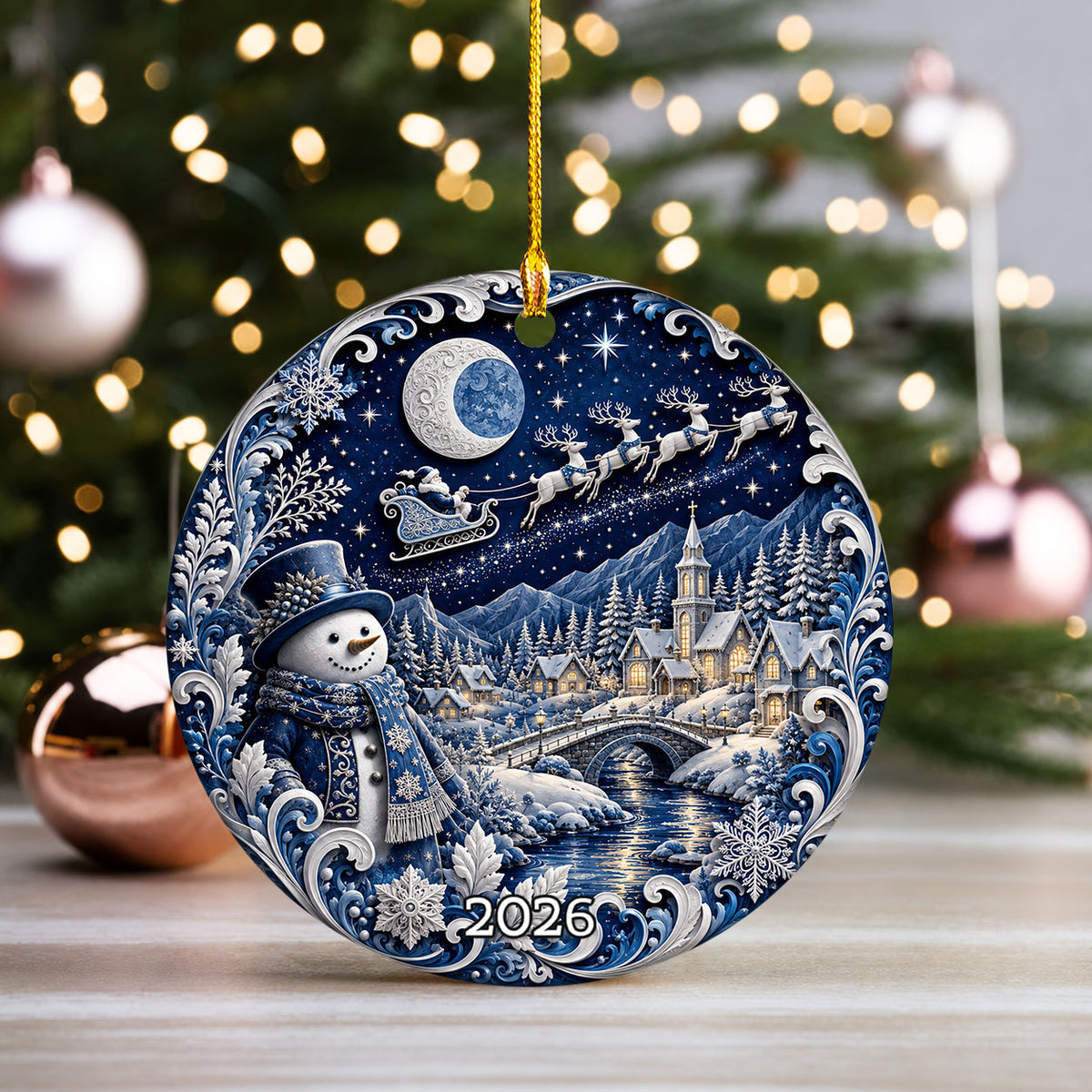 Blue Christmas Village Ornament 2026, Snowman Holiday Ornament, Ceramic Christmas Decoration