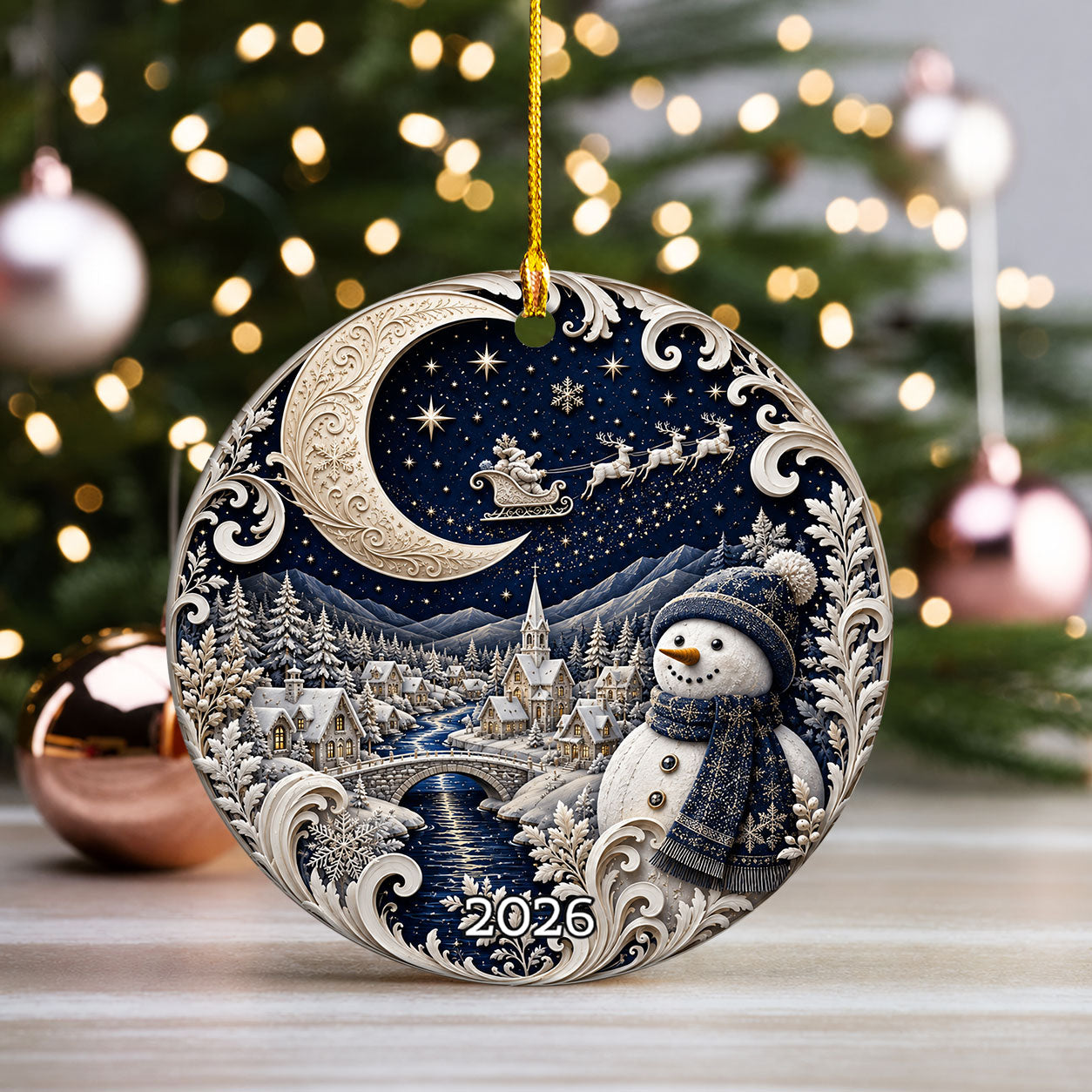 Christmas Ornament 2026 Blue Winter Village with Snowman, Ceramic Tree Ornament, Holiday Decoration