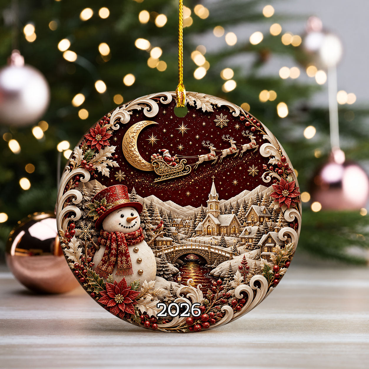 Red Snowman Christmas Ornament 2026, Winter Village Tree Ornament, Ceramic Holiday Decoration