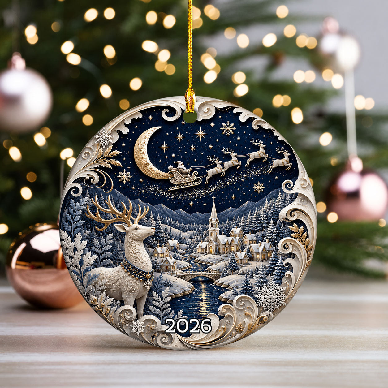 Deer Christmas Ornament 2026, Blue Winter Tree Ornament, Ceramic Christmas Decoration, Holiday Keepsake Gift