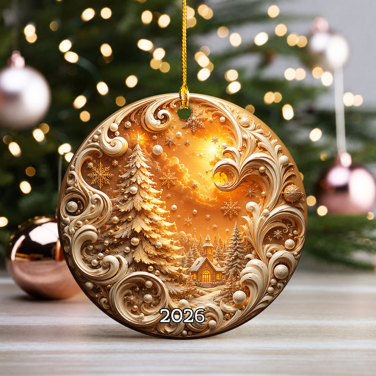 Golden Christmas Tree Ornament 2026, Cozy Winter Village Ornament, Christmas Tree Keepsake, Holiday Gift, Festive Seasonal Home Decoration