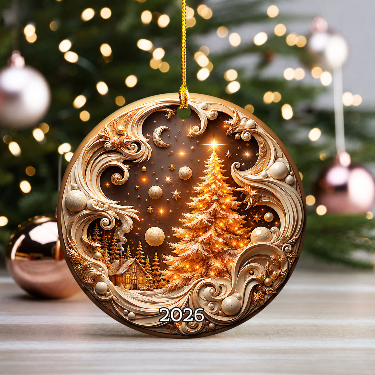 2026 Golden Christmas Tree Ornament, Winter Village Christmas Ornament, Elegant Holiday Tree Decoration