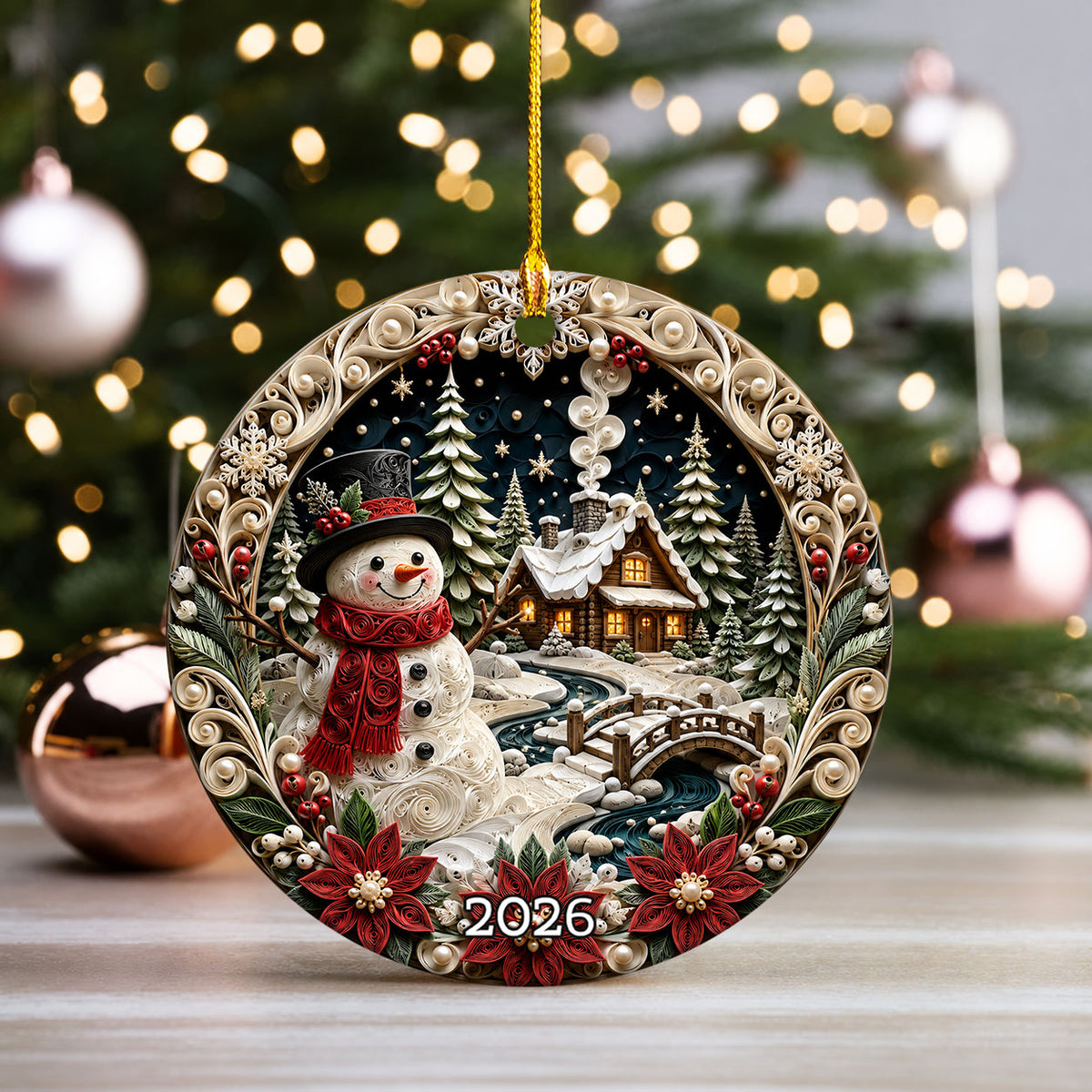 Snowman Holiday Ornament 2026, Rustic Christmas Ceramic Ornament, Winter Tree Decoration, Festive Keepsake Gift