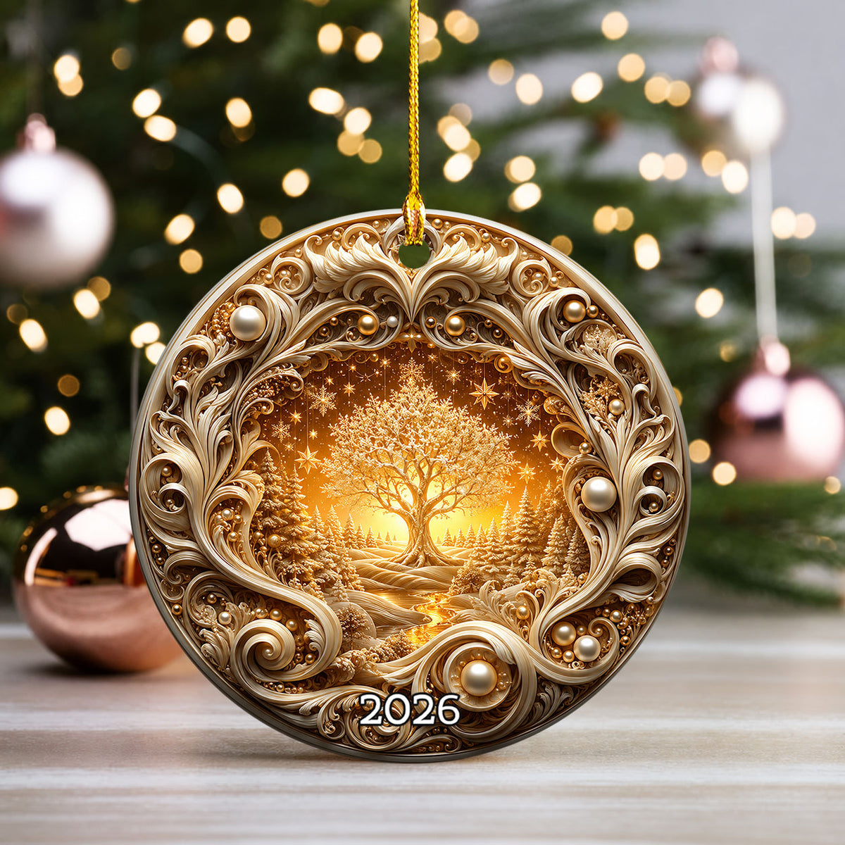 Golden Tree of Life Christmas Ornament 2026, Ceramic Christmas Tree Ornament, Winter Holiday Decor, Christmas Keepsake Gift for Family