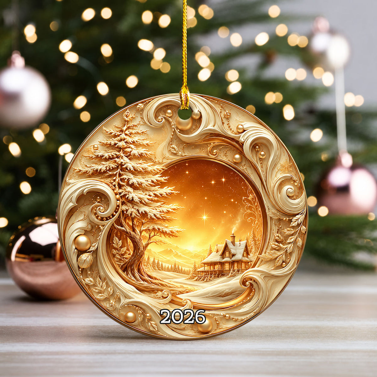 Golden Christmas Tree Ornament 2026, Tree of Life Ceramic Ornament, Winter Landscape Holiday Decoration, Christmas Gift Keepsake