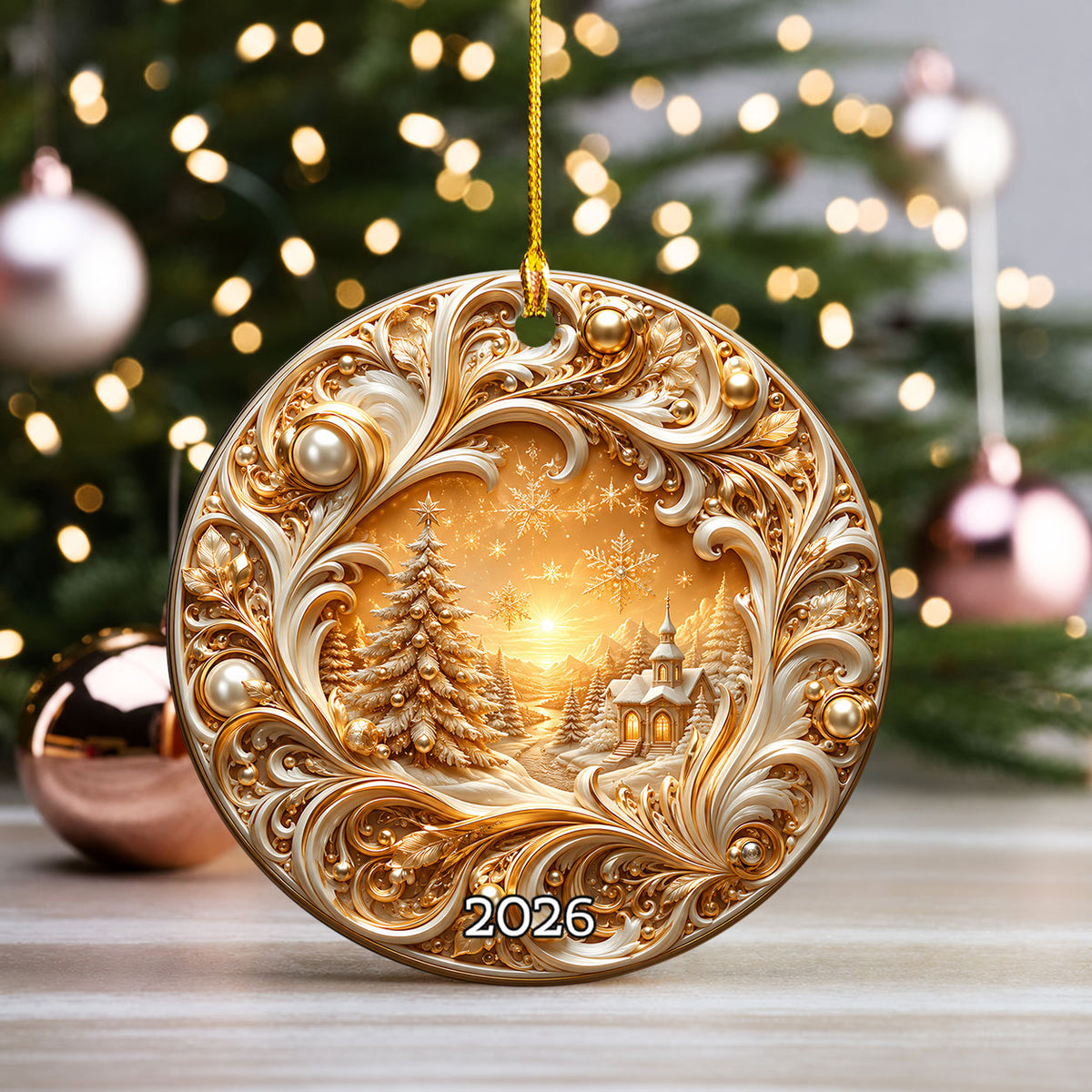 Gold Christmas Tree Ornament 2026, Christmas Tree Ceramic Ornament, Holiday Christmas Decoration, Christmas Keepsake Gift for Family and Friends