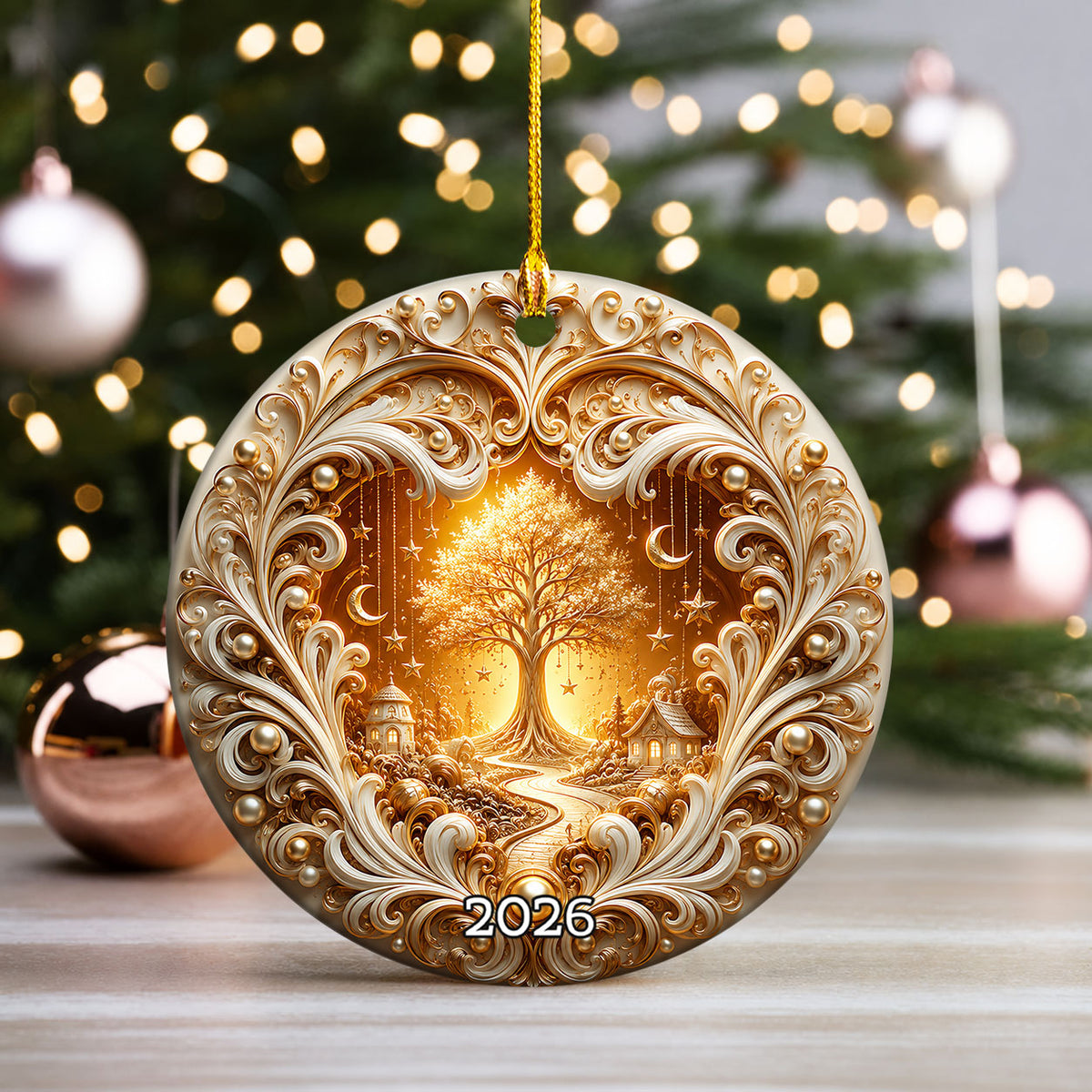 Tree of Life Christmas Ornament 2026, Golden Ceramic Christmas Ornament, Winter Holiday Decoration, Christmas Gift for Friends and Family