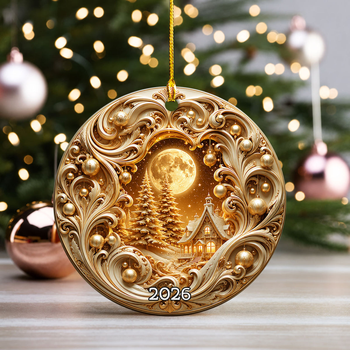 2026 Christmas Tree Ornament, Gold Christmas Ceramic Ornament, Holiday Tree Decoration, Christmas Keepsake Gift for Home Decor