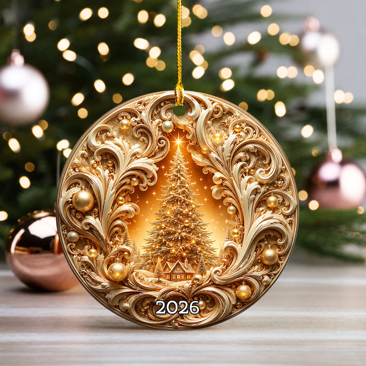 Christmas Tree Ornament 2026, Gold Ceramic Christmas Ornament, Holiday Decoration, Christmas Tree Decor