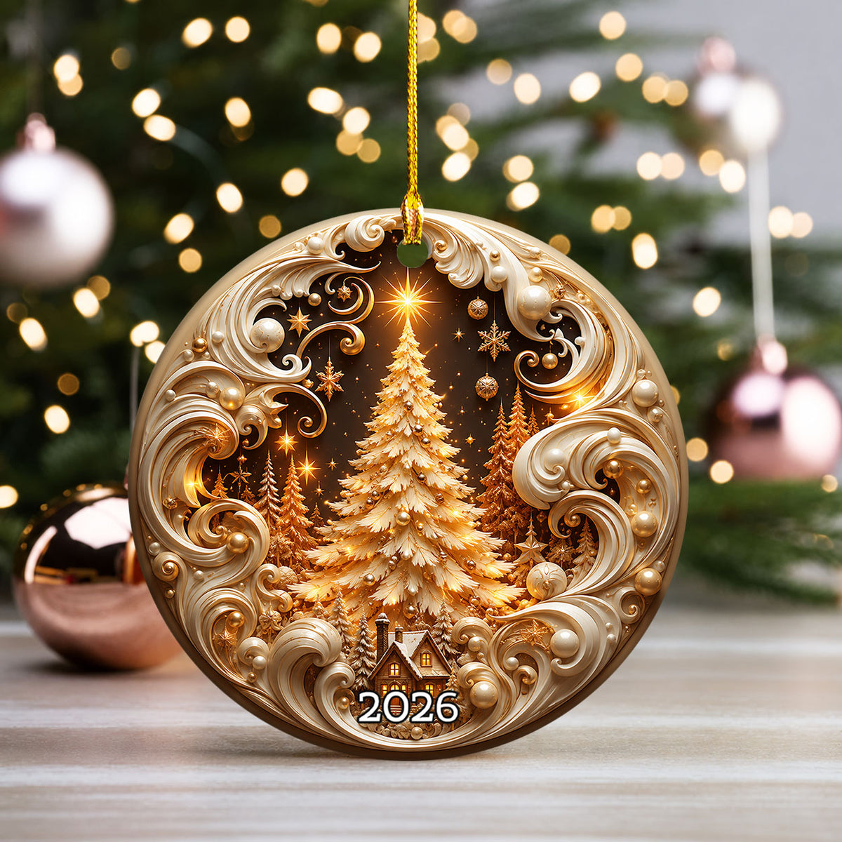 2026 Gold Christmas Ornament, Christmas Tree Holiday Ornament, Ceramic Christmas Decoration, Keepsake Gift for Family and Home