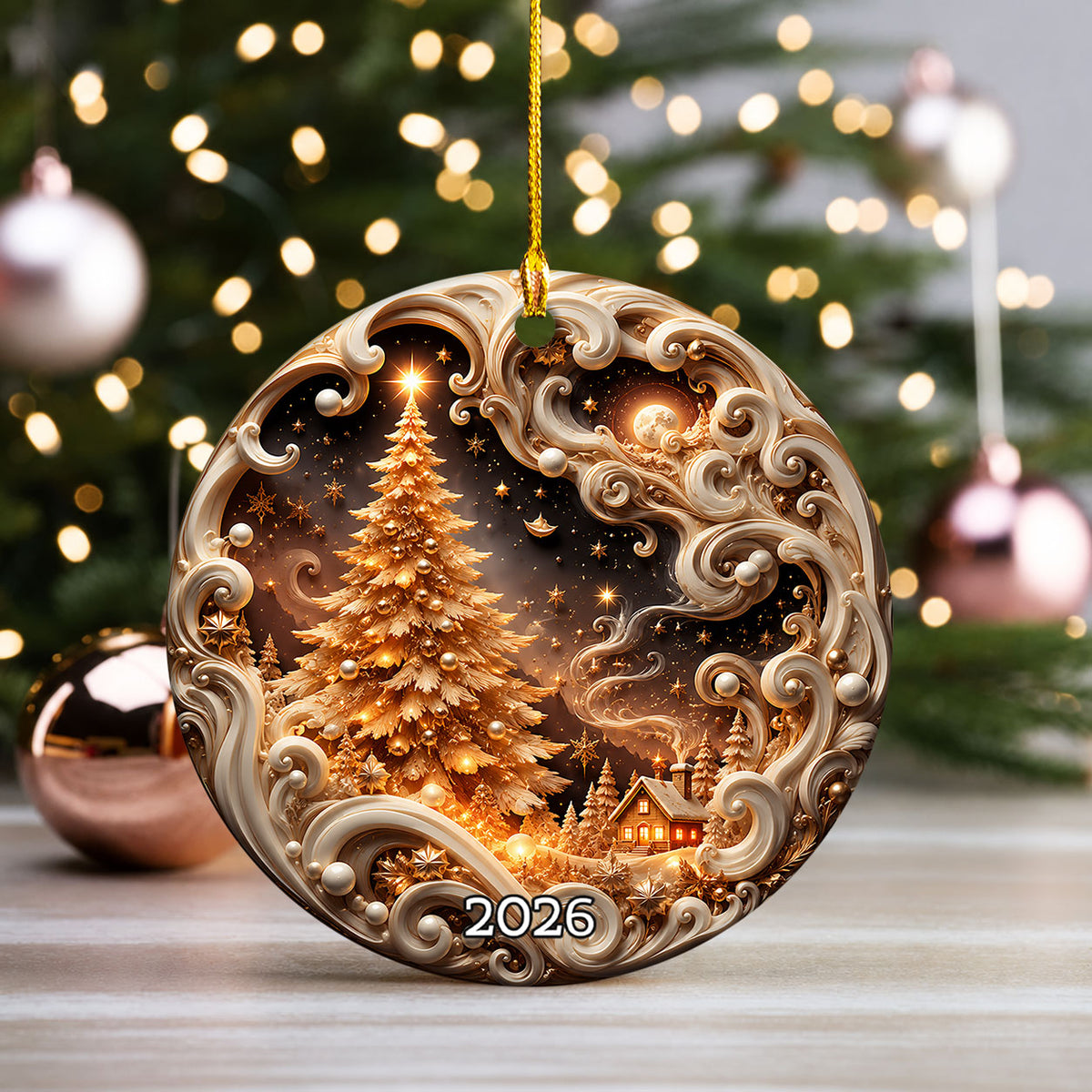 Elegant Christmas Tree Ornament 2026, Golden Winter Landscape Ornament, Holiday Keepsake Decoration