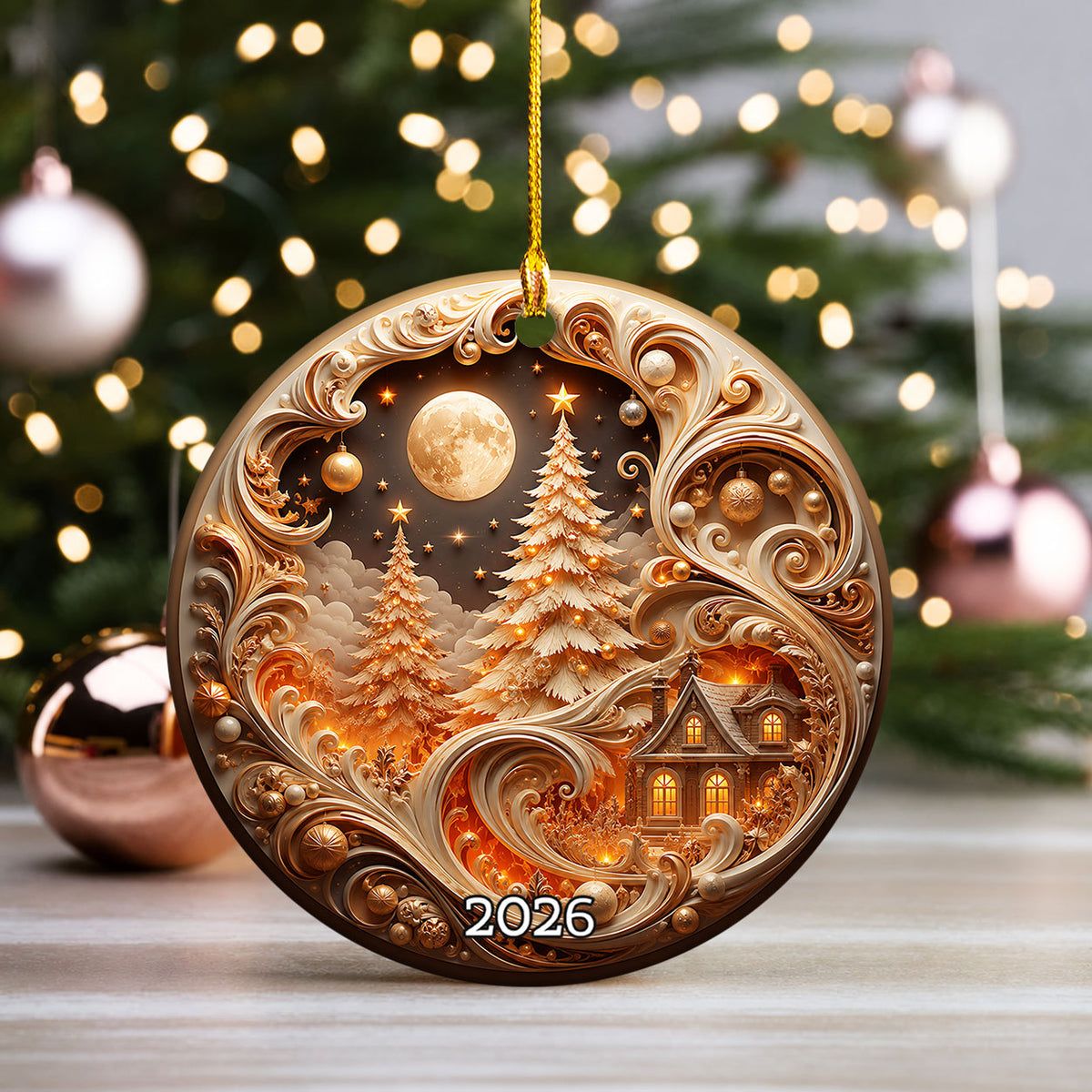 Elegant Christmas Tree Ornament 2026, Gold Holiday Ceramic Ornament, Christmas Decoration, Winter Home Decor, Christmas Gift Idea