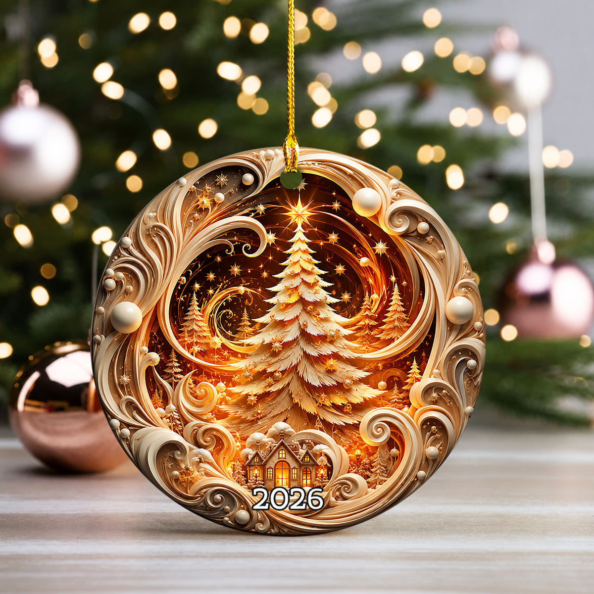 Ceramic Christmas Tree Ornament 2026, Gold Christmas Decoration, Holiday Keepsake Ornament, Christmas Gift for Home and Family