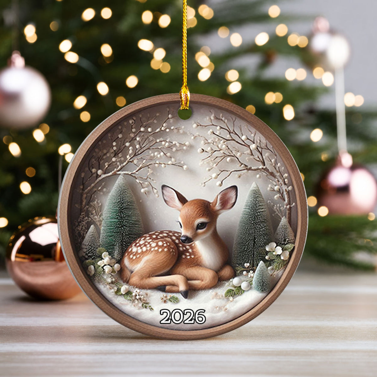 Woodland Deer Ornament 2026, Rustic Christmas Ceramic Ornament, Forest Holiday Tree Decoration