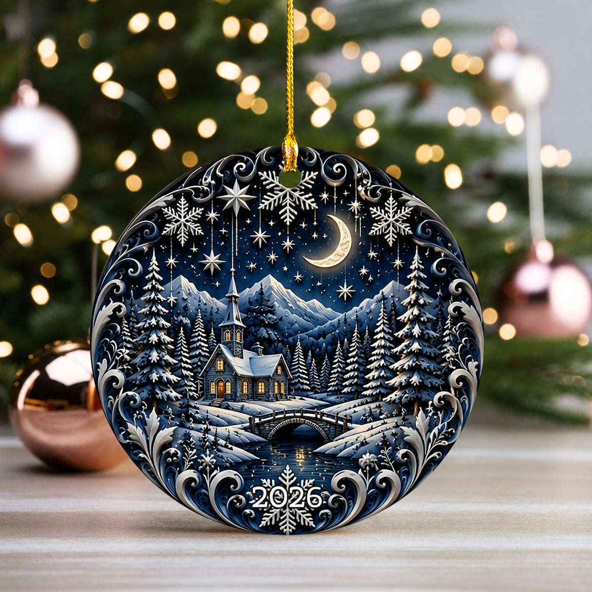 Moonlit Christmas Ornament 2026, Winter Night Ceramic Ornament, Holiday Tree Decoration, Peaceful Christmas Keepsake