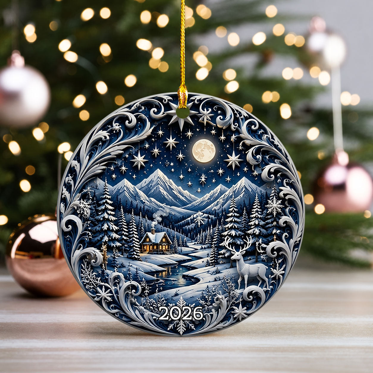 2026 Winter Night Ornament, Snowy Mountain Cabin Christmas Tree Ornament, Moonlit Deer Forest Keepsake