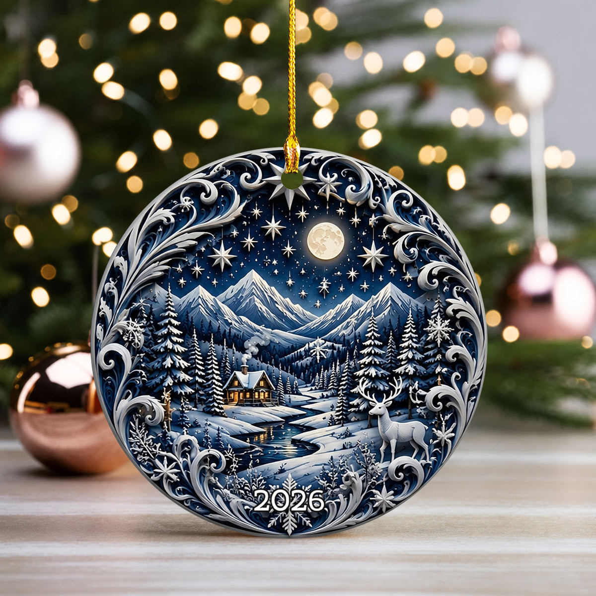 2026 Winter Night Ornament, Snowy Mountain Cabin Christmas Tree Ornament, Moonlit Deer Forest Keepsake