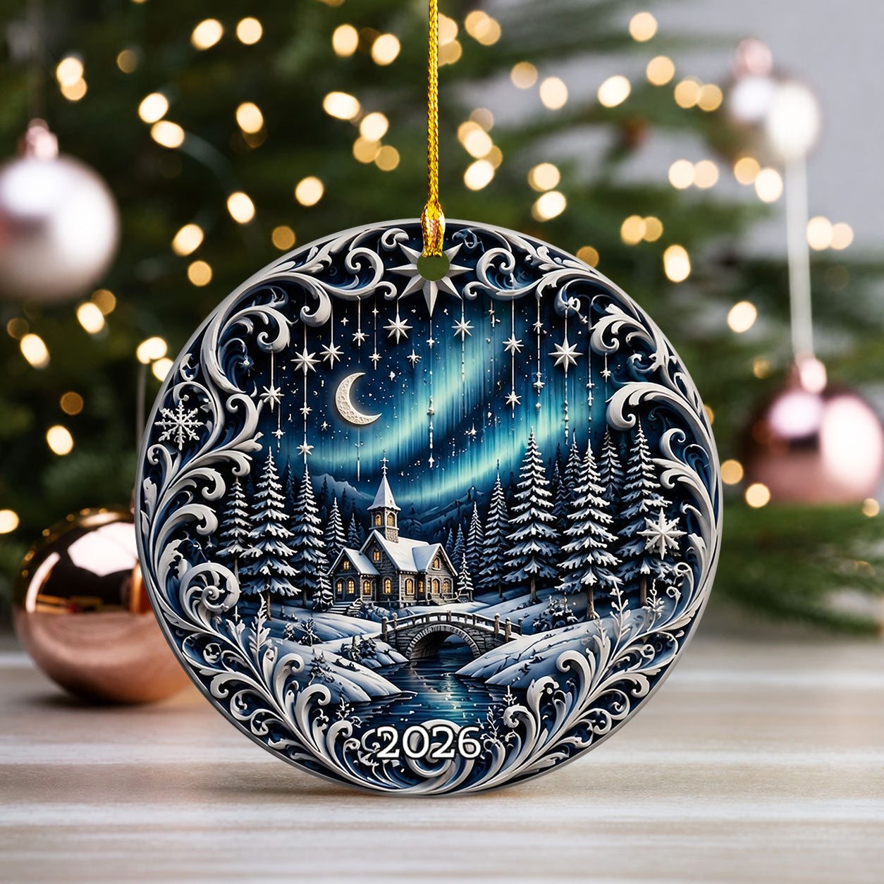 Aurora Borealis Christmas Night Ornament 2026, Moonlit Winter Village Ceramic Ornament, Holiday Tree Decoration