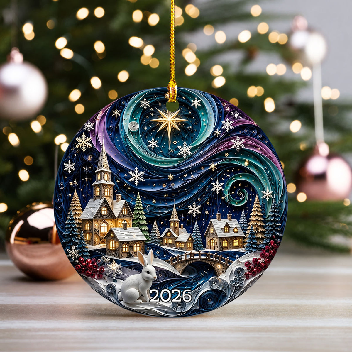 Christmas Eve Ornament 2026, Snowy Winter Night Ceramic Ornament, Holiday Tree Decoration, Cozy Christmas Keepsake