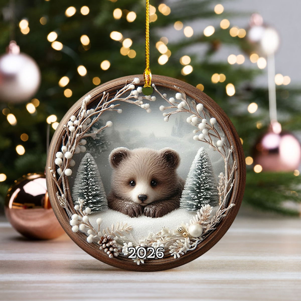 Baby Bear Christmas Ornament 2026, Cute Woodland Bear Ornament, Winter Forest Christmas Tree Decor