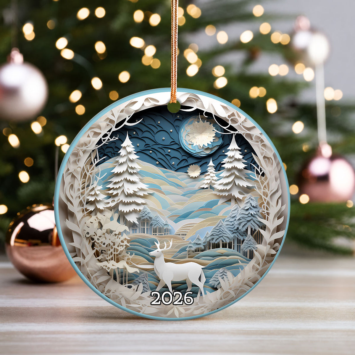Christmas Winter Wonderland Ornament, Christmas Tree Decoration, Holiday Gift, Ceramic Round Ornament, Dated Ornament