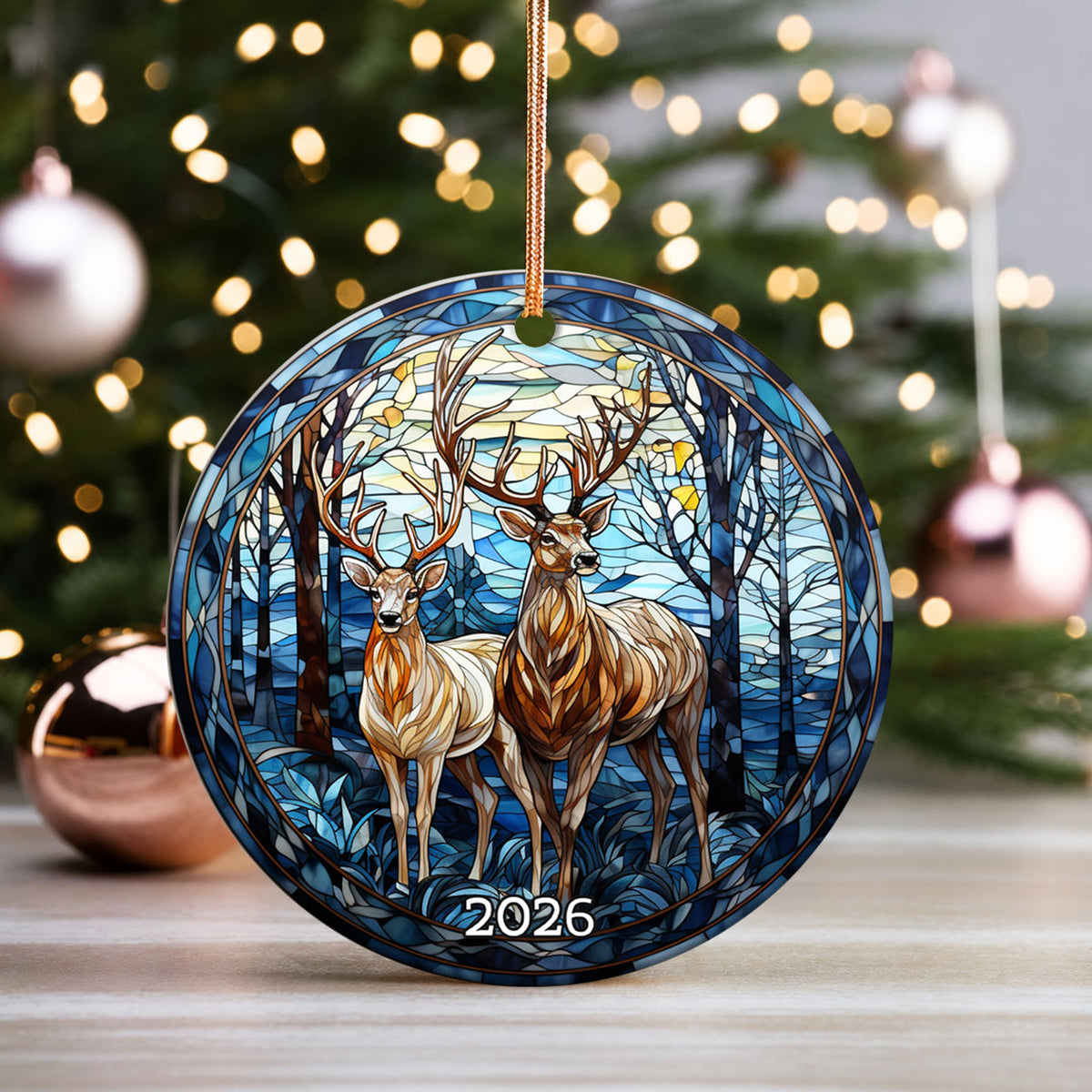 Stained Glass Deer Couple Christmas Ornament 2026, Buck and Doe Ornament, Woodland Christmas Tree Decor