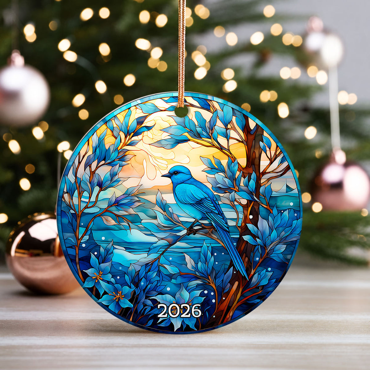 Blue Bird Christmas Ornament 2026, Stained Glass Style Bird Ornament, Winter Bird Tree Decor, Nature Lover Gift, Blue Songbird Keepsake, Holiday Ornament