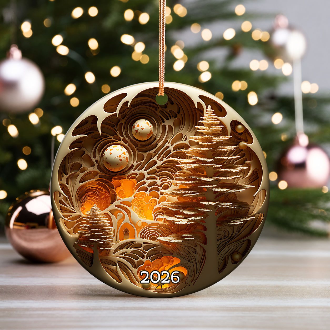 2026 Enchanted Golden Forest Ornament, Fantasy Christmas Tree Ornament, Woodland Holiday Decor, Elegant Gold Keepsake, Magical Xmas Gift