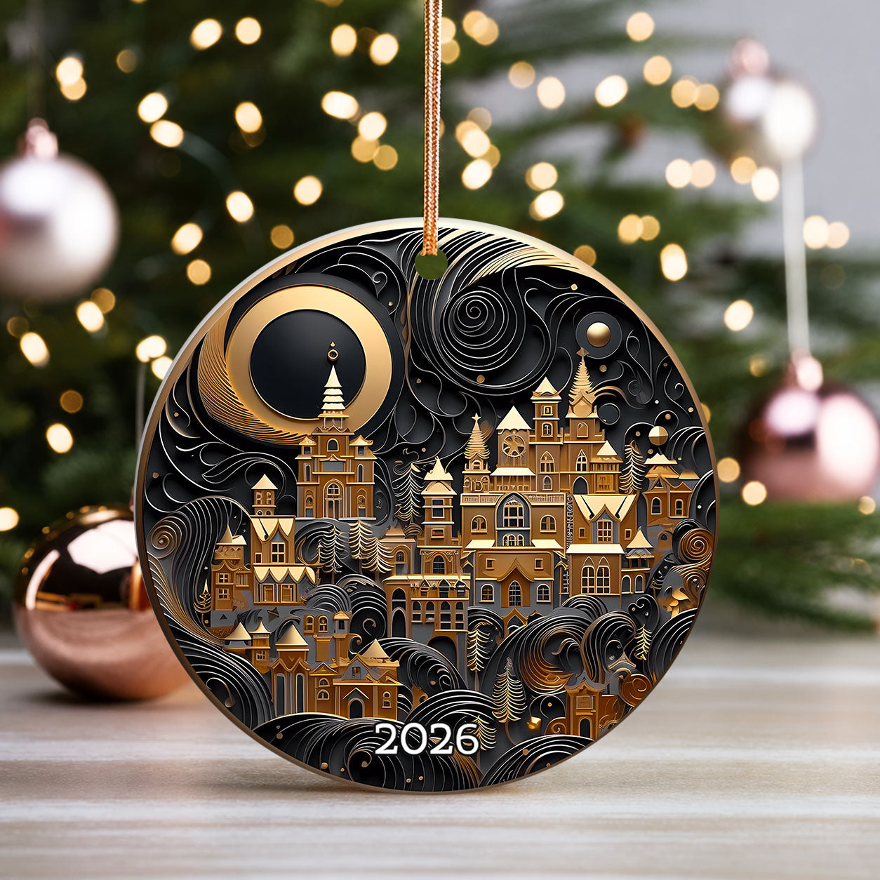 Golden Christmas Village Ornament, Christmas Tree Ornament 2026, Christmas Ornament