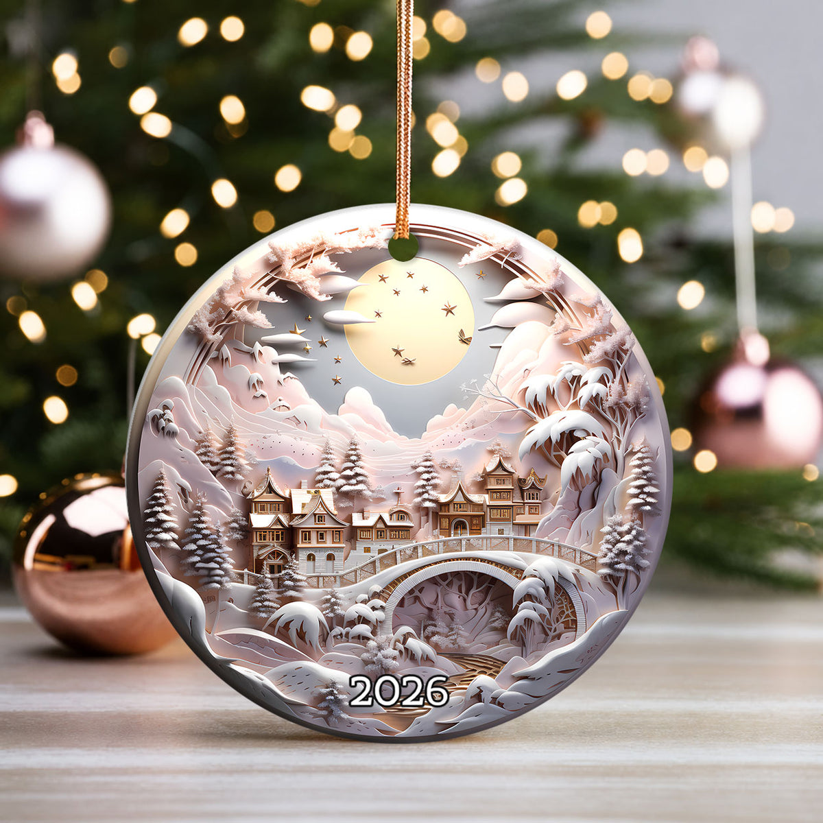Snowy Castle Christmas Ornament 2026, Fairytale Pink Landscape Ceramic Ornament, Fantasy Holiday Tree Decor, Winter Christmas Keepsake Gift