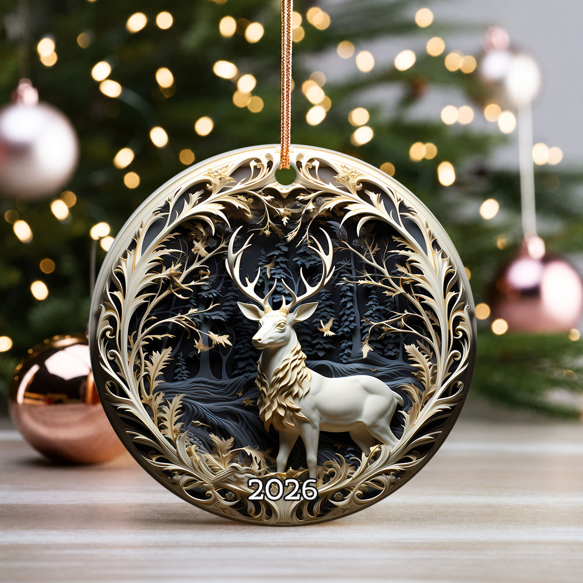 Fantasy Deer Ornament 2026, Woodland Christmas Ceramic Ornament, Elegant Stag Holiday Tree Decoration, Keepsake Gift for Christmas