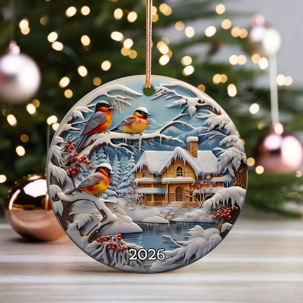 Winter Birds Christmas Ornament 2026, Snowy Cardinal Bird Cottage Ceramic Ornament, Rustic Cabin Holiday Tree Decor