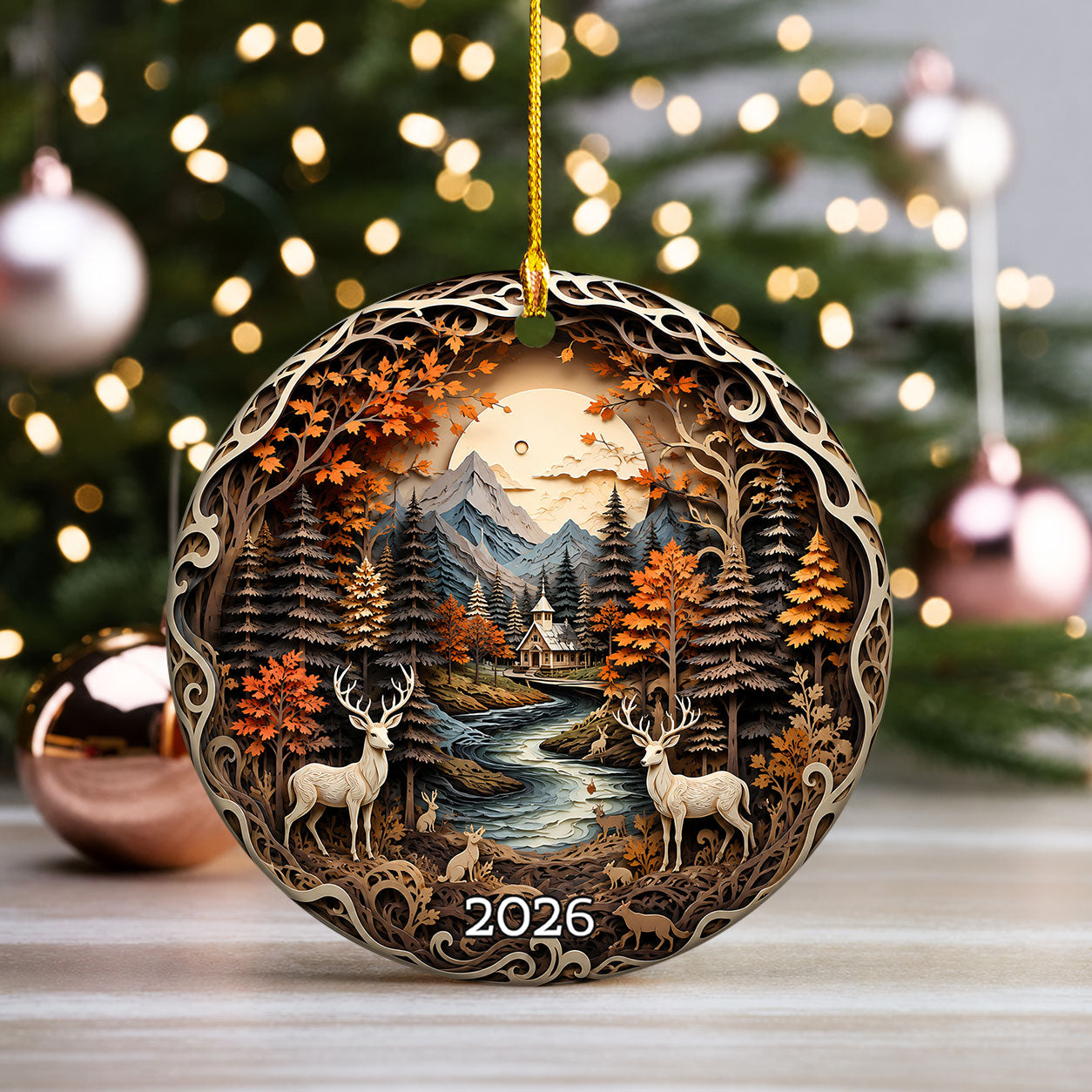 Deer Forest Christmas Ornament 2026, Woodland Christmas Decor, Rustic Cabin Ornament, Winter Deer Scene