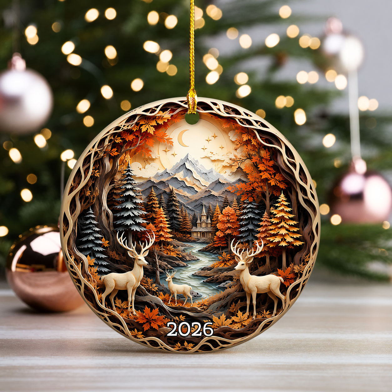 Christmas Deer Ornament 2026, Woodland Forest Christmas Tree Decor, Rustic Holiday Ornament, Winter Cabin Scene