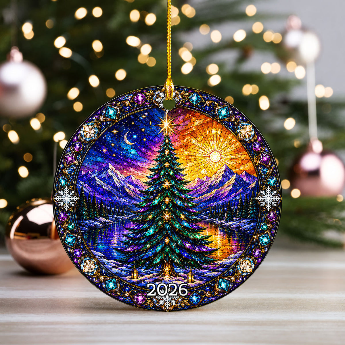 Christmas Ornament 2026, Colorful Christmas Tree Decor, Winter Holiday Ornament, Mountain Lake Christmas Scene
