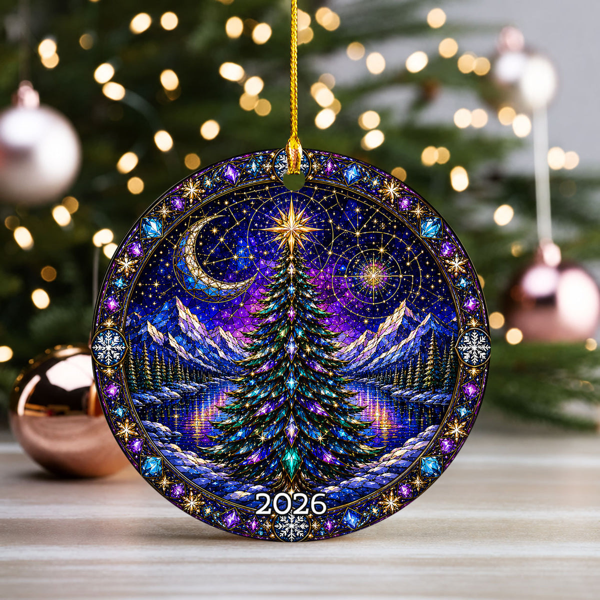 Winter Christmas Tree Ornament 2026, Aurora Sky Christmas Decor, Holiday Ornament, Snowy Mountain Landscape