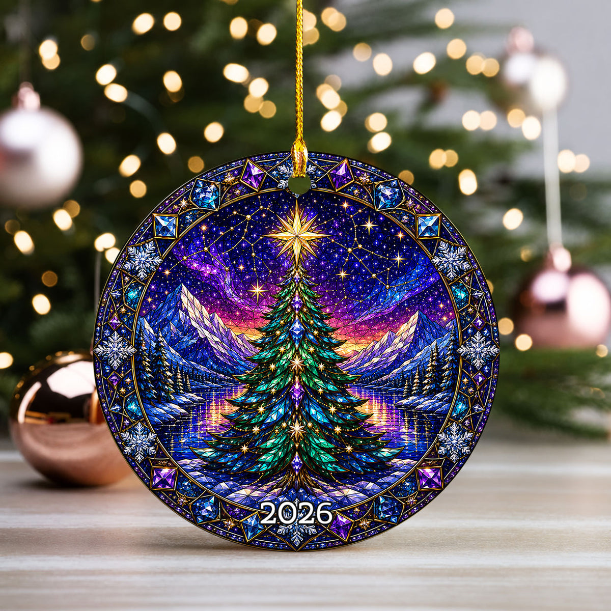Christmas Tree Ornament 2026, Winter Mountain Landscape, Aurora Christmas Decor, Holiday Tree Decoration