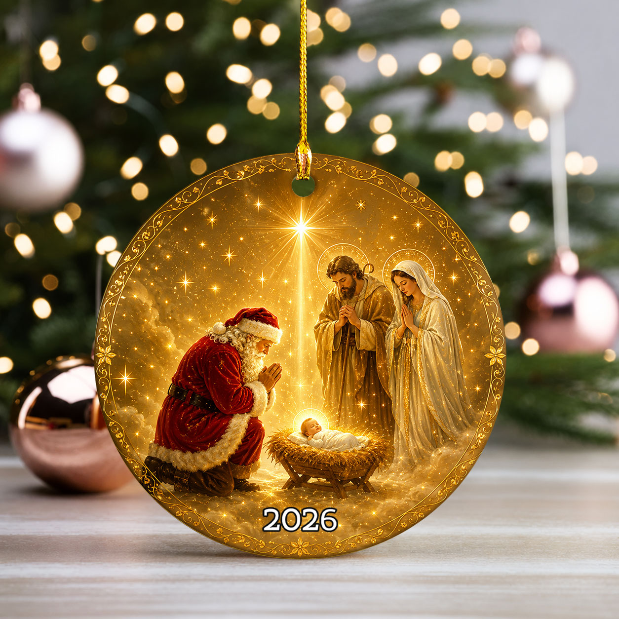 Christian Christmas Ornament 2026, Santa Kneeling Before Baby Jesus, Holy Family Tree Ornament, Religious Christmas Keepsake Gift