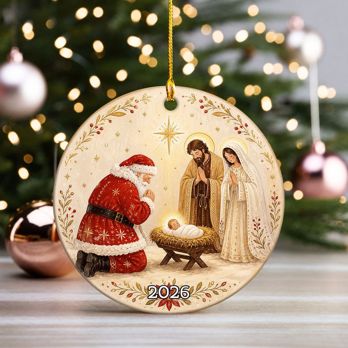 Nativity Christmas Ornament 2026, Santa and Baby Jesus Religious Ornament, Holy Family Christmas Tree Decor