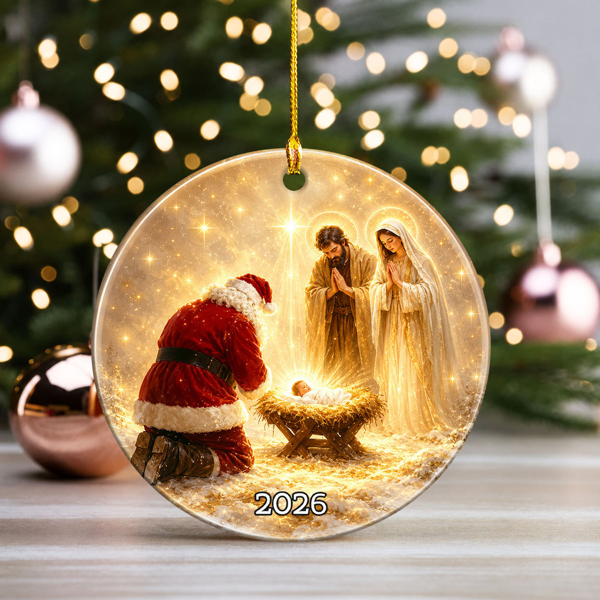 Religious Christmas Ornament 2026 with Santa and Nativity Scene, Baby Jesus Holy Family Christmas Tree Decoration, Christian Gift