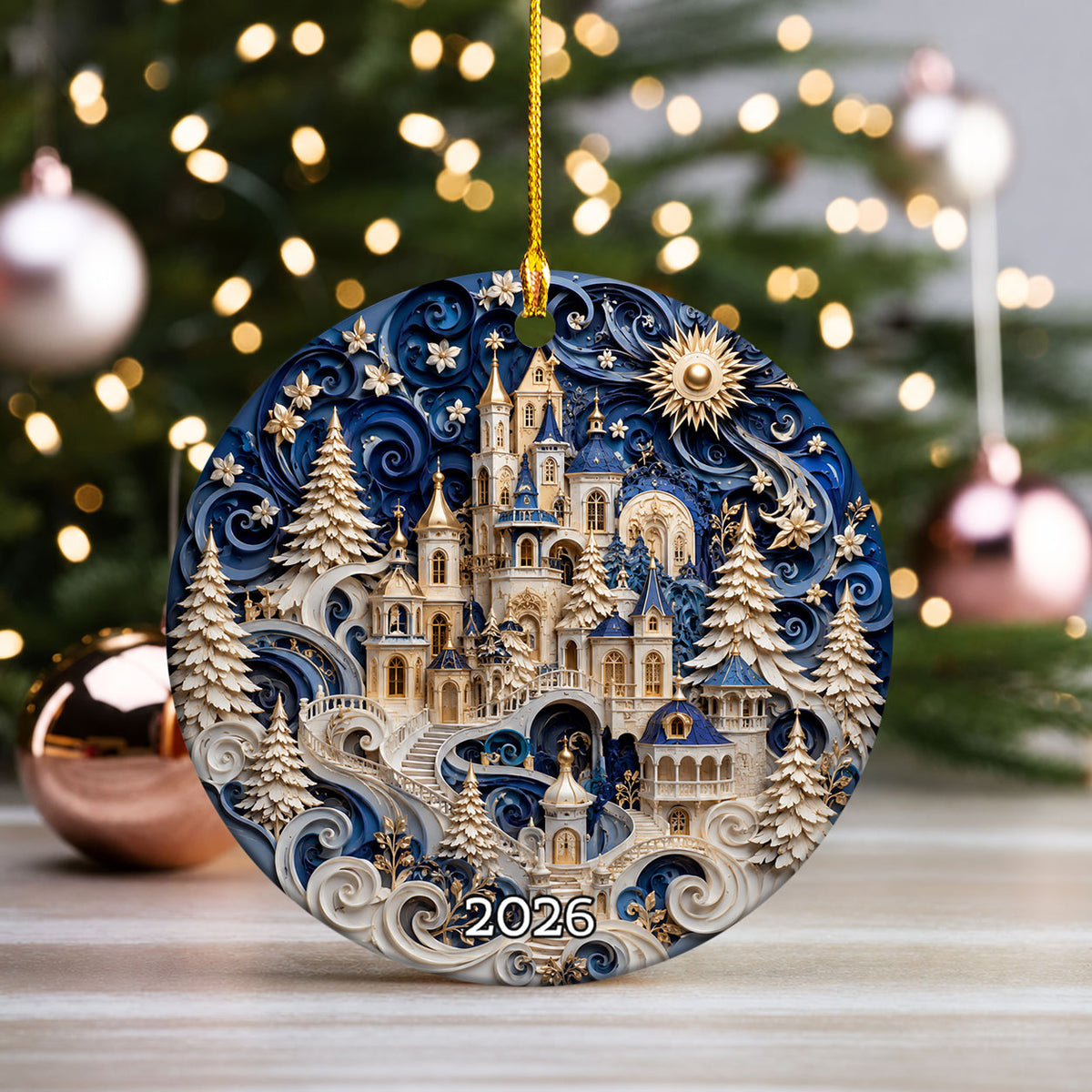 Christmas Castle Ornament 2026, Snowy Winter Village Decoration, Blue Holiday Tree Ornament, Christmas Keepsake Gift, Festive Home Decor