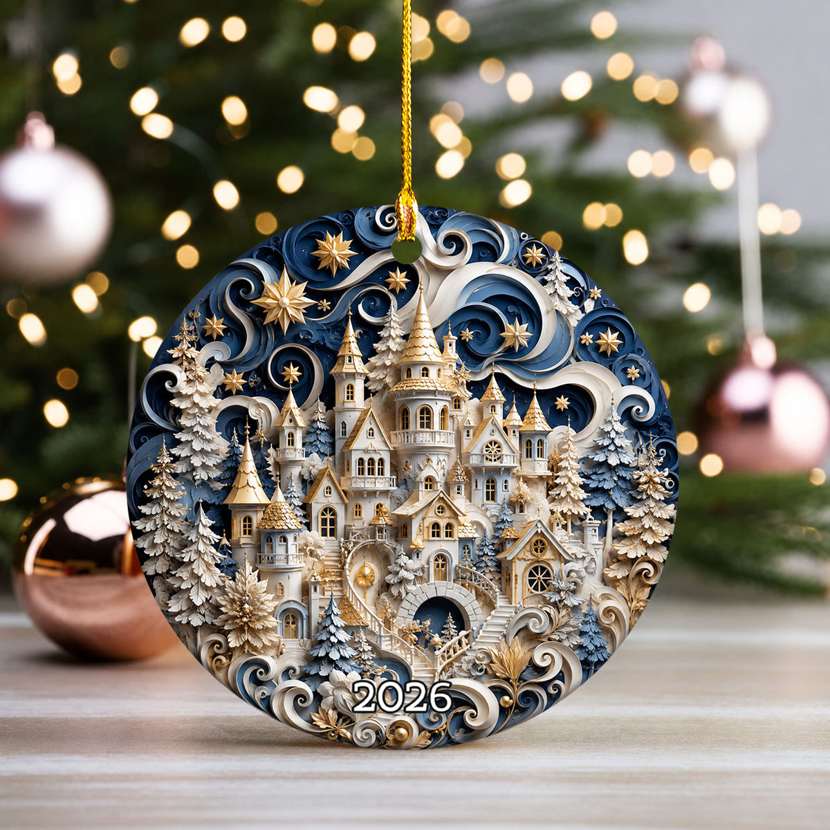 Blue Winter Christmas Ornament 2026, Snowy Castle Tree Ornament, Christmas Village Holiday Decoration