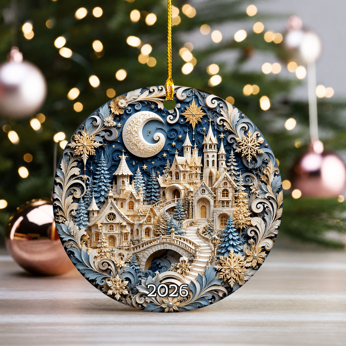 Snowy Christmas Village Ornament 2026, Blue Castle Christmas Tree Decor, Holiday Ornament Keepsake, Winter Christmas Gift for Loved Ones