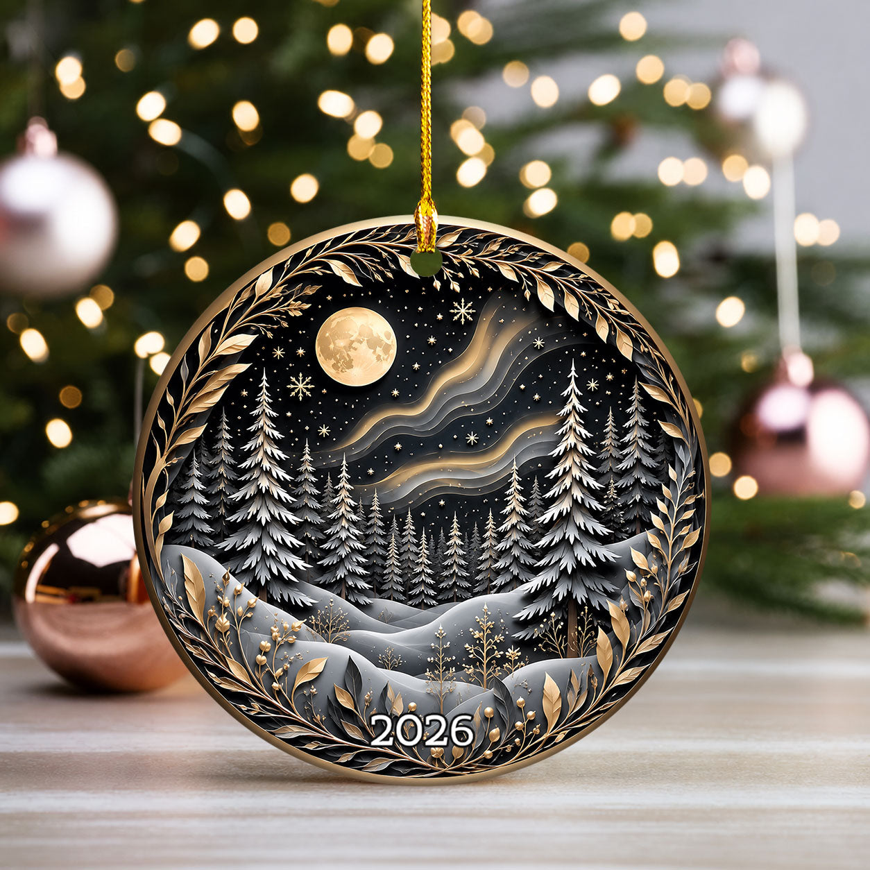 Christmas Tree Ornament 2026, Winter Forest Scence Ornament, Gold Black Christmas Decor, Holiday Keepsake Gift for Family and Friends