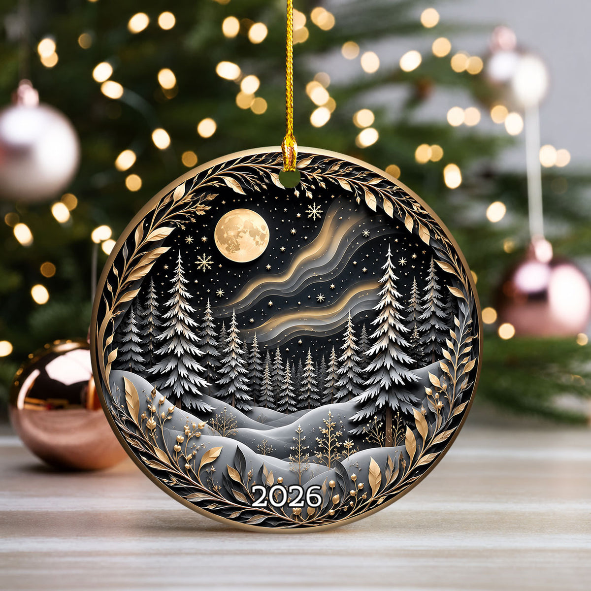 Christmas Tree Ornament 2026, Winter Forest Scence Ornament, Gold Black Christmas Decor, Holiday Keepsake Gift for Family and Friends