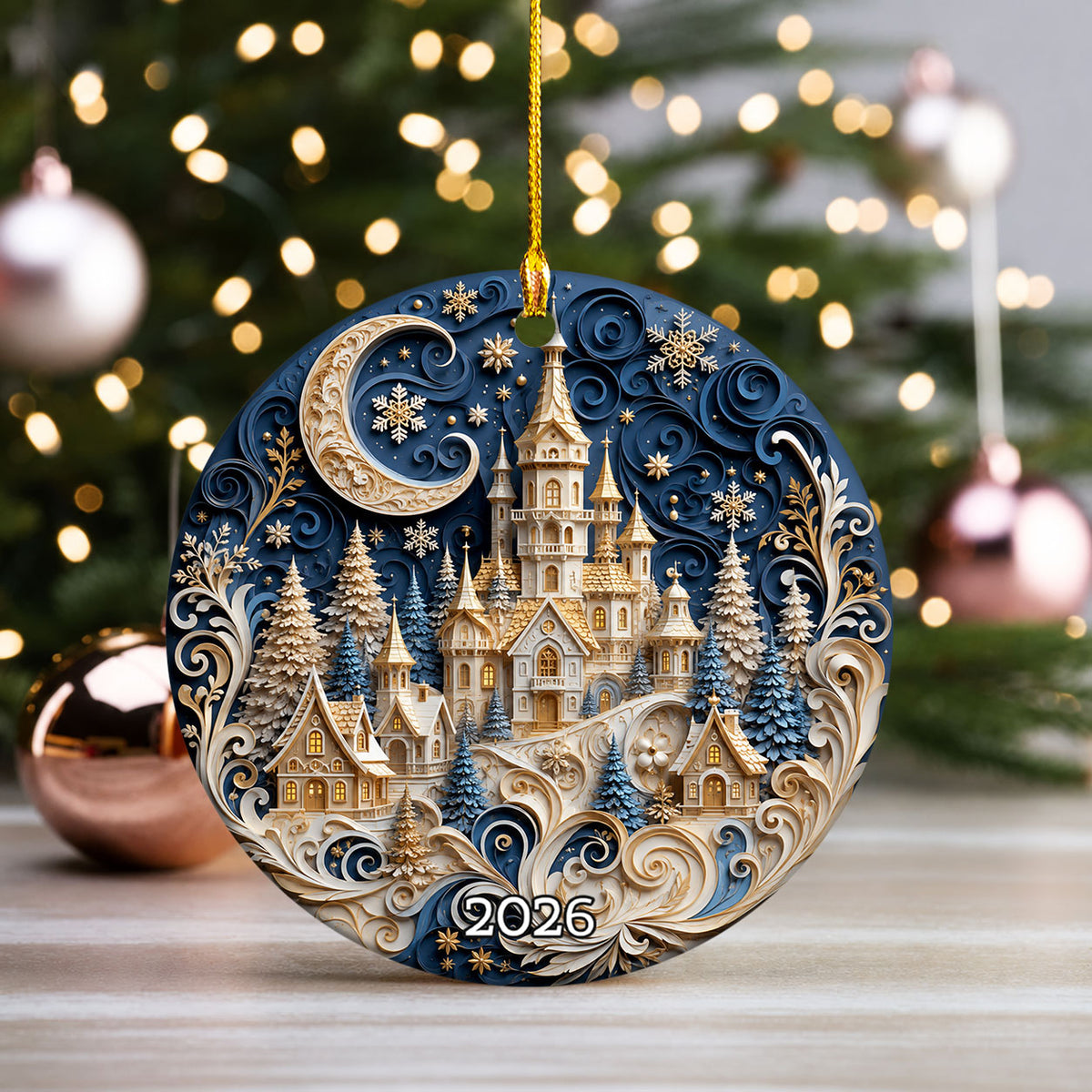 Blue Christmas Castle Ornament 2026, Winter Castle Christmas Ornament, Snowy Village Tree Decor, Holiday Keepsake Gift