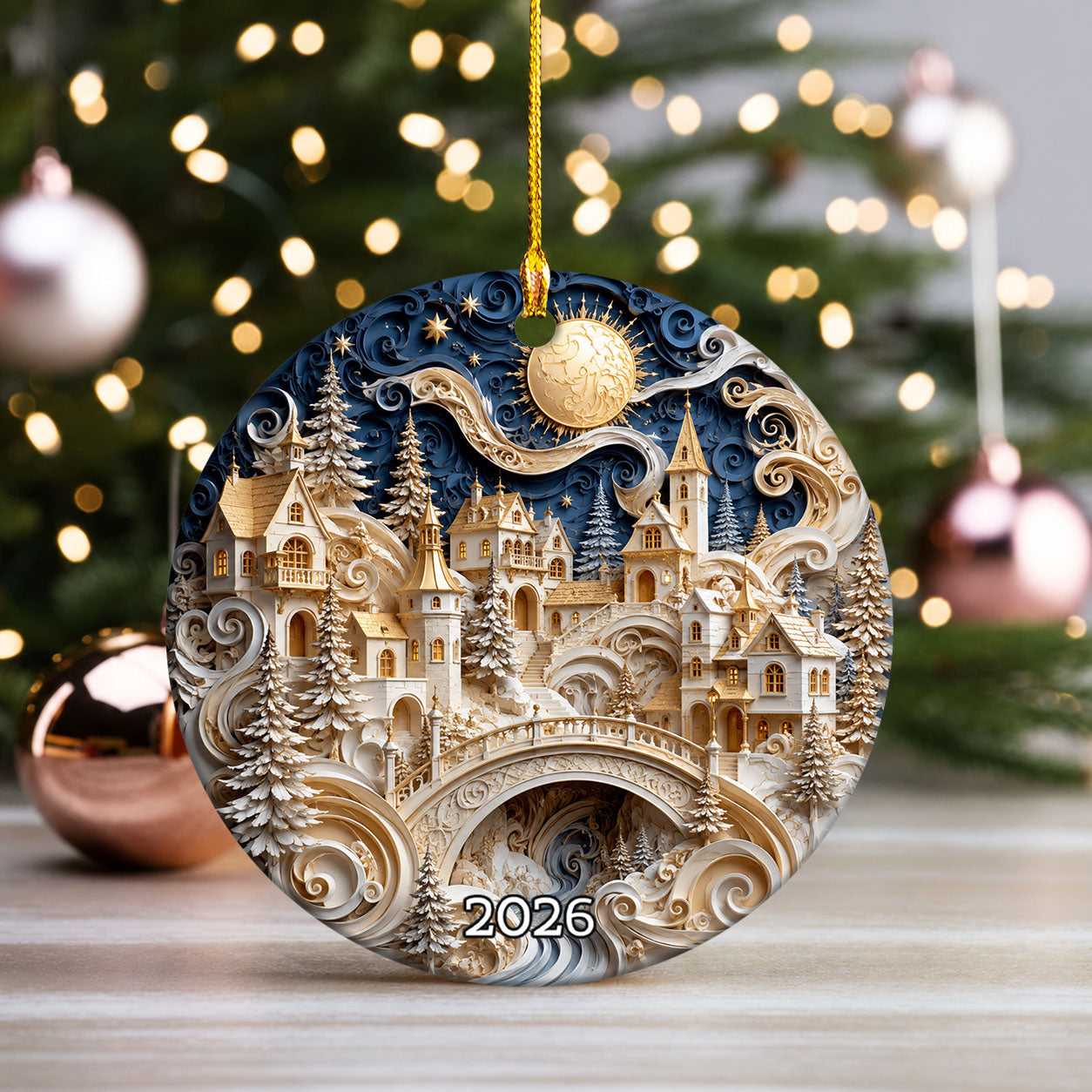 Winter Castle Christmas Ornament 2026, Blue and White Christmas Tree Ornament, Snowy Holiday Village Decor, Festive Keepsake Gift for Family