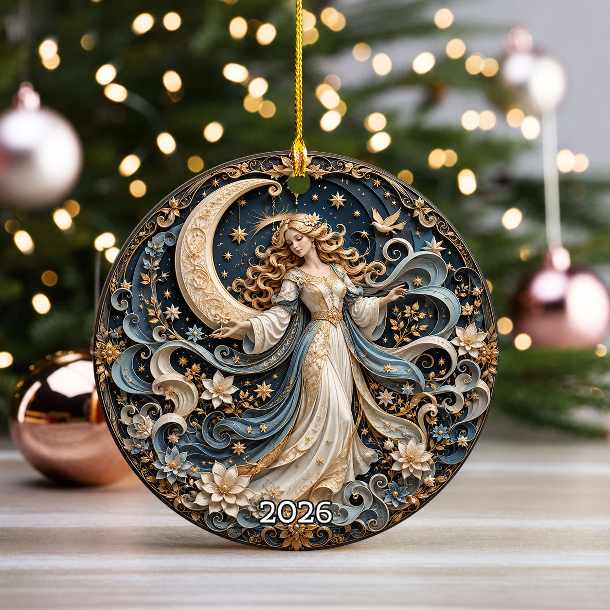 Elegant Christmas Ornament 2026, Angel with Moon and Stars Ornament, Holiday Tree Decoration